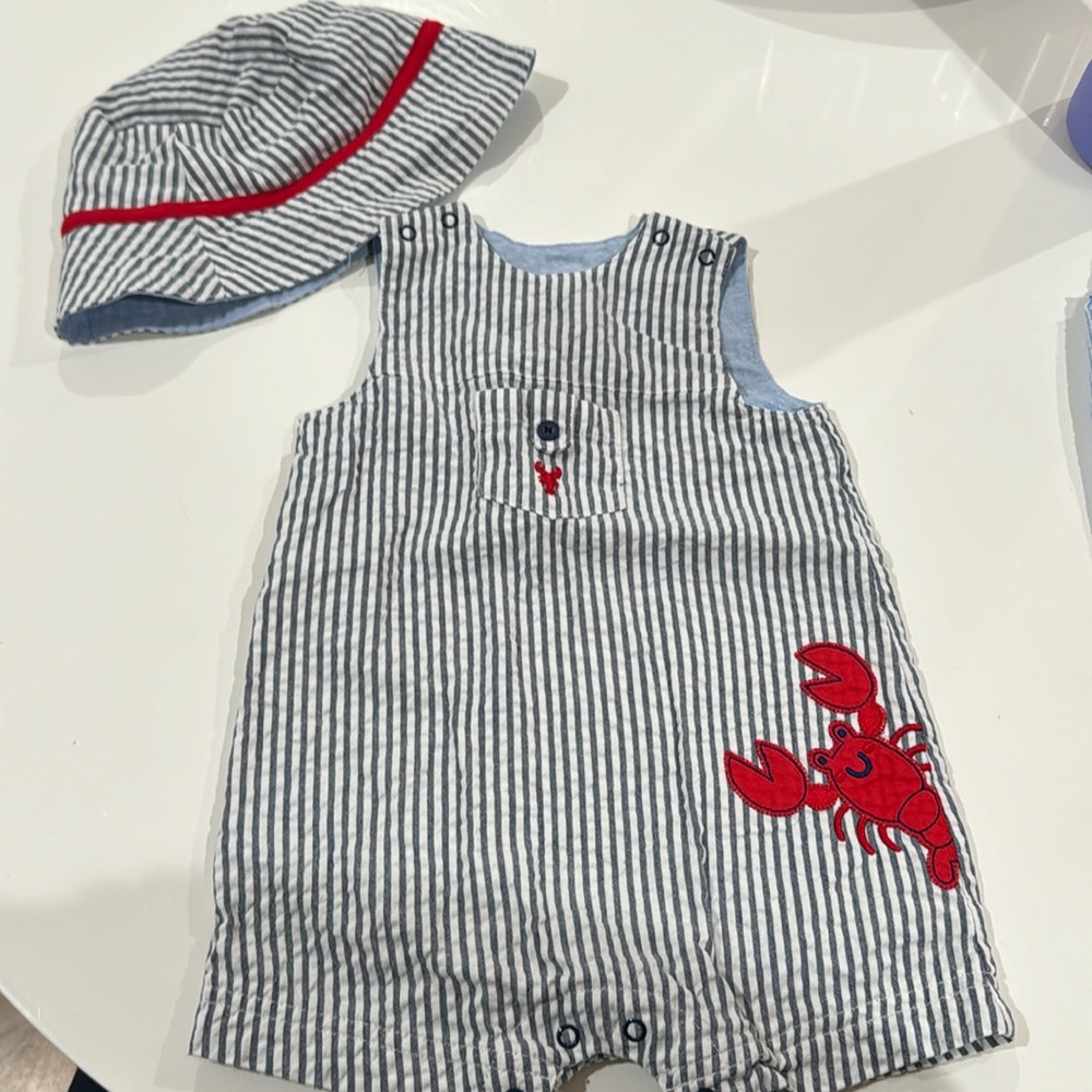 Little Me striped lobster romper with matching bucket hat